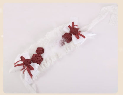 White Bowknots with Red Rosettes and Beads Hairband