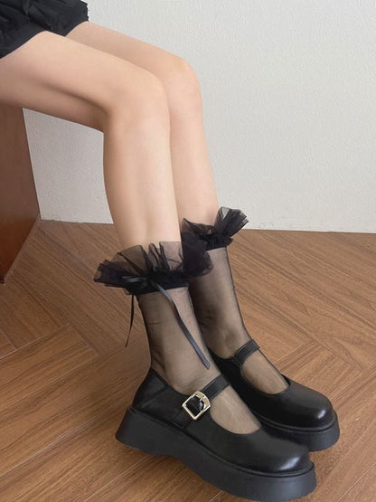 Ruffled Lace Tulle Socks White/Black Calf