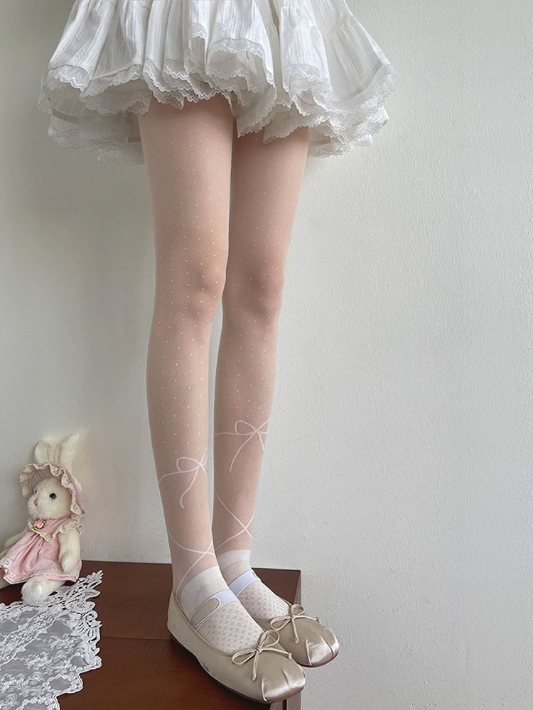 White Lolita Print Tights Pattern Polka-dot Bowknot
