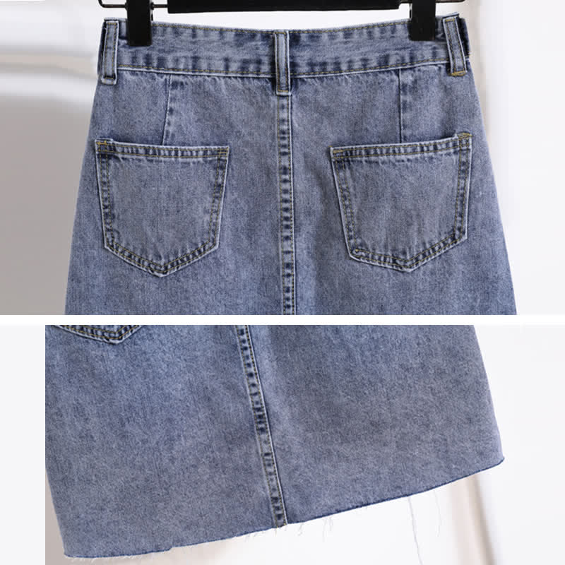 Chic Stripe Round Collar T-Shirt Denim Skirt