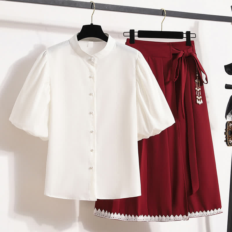 Elegant Pure Color Puff Sleeve T-Shirt Lace Up Pleated Skirt