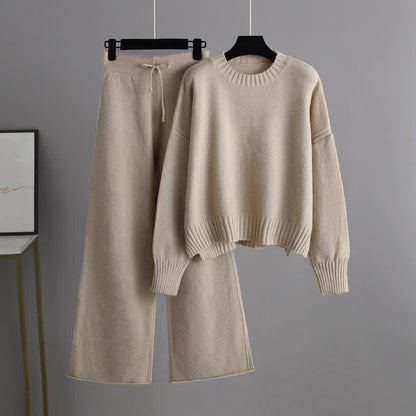 Pure Color Knit Sweater Wide Leg Pants Set