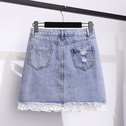 Bowknot Knitted T-Shirt High Waist Denim Skirt