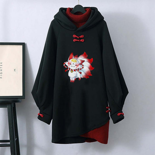 Nine-tailed Fox Print Buckle Vintage Hooded Sweatshirt Dress