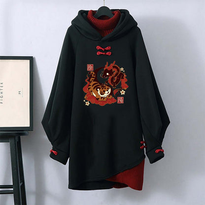 Tiger Dragon Print Buckle Vintage Hooded Sweatshirt Dress