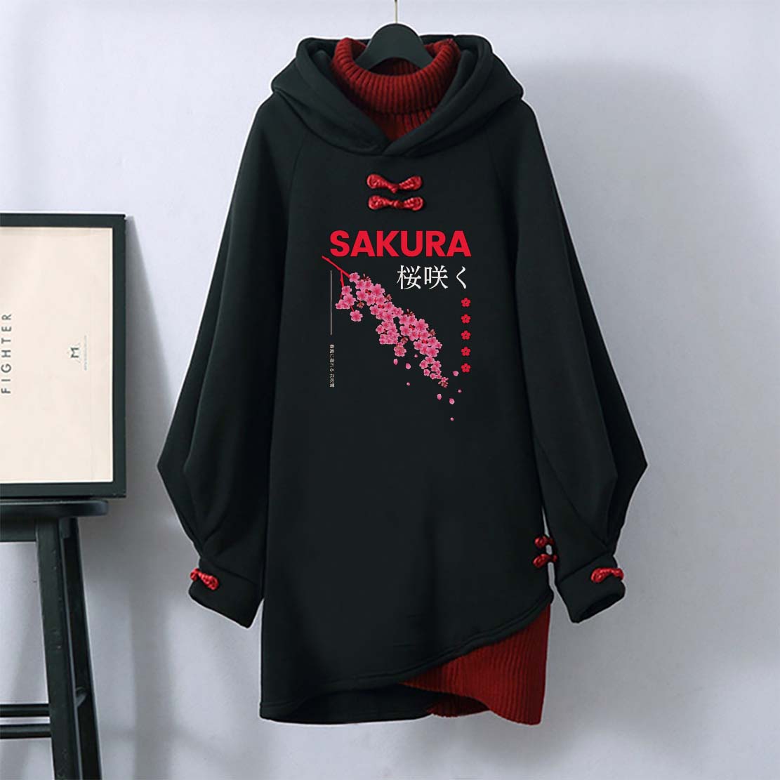 Sakura Letter Buckle Vintage Hooded Sweatshirt Dress