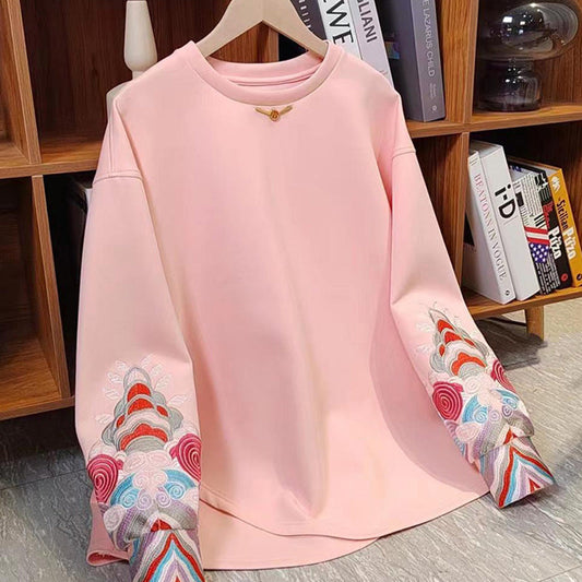 Pink Embroidery Round Collar Sweatshirt