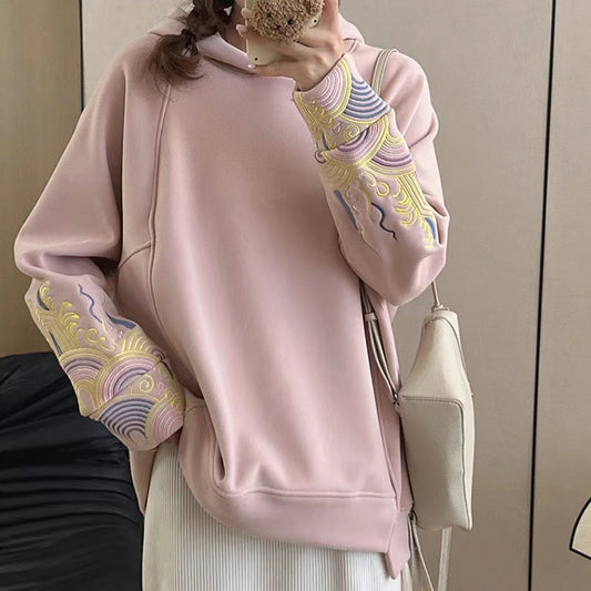 Casual Floral Embroidery Plush Loose Hoodie