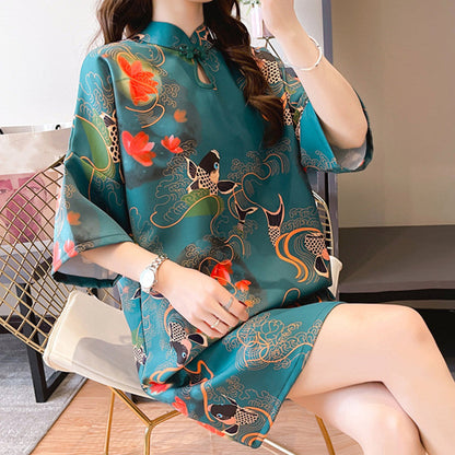 Vintage Floral Embroidery Short Sleeve Cheongsam Dress