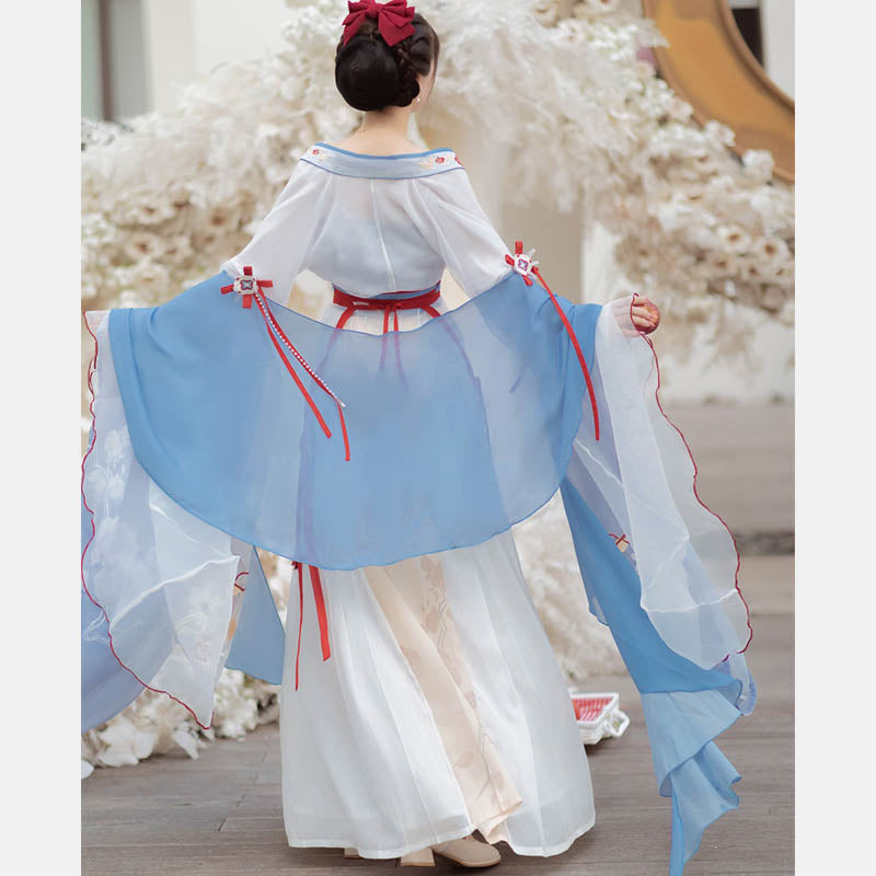 Vintage Blossom Print Cami Top Cardigan Pleated Skirt Hanfu Costume