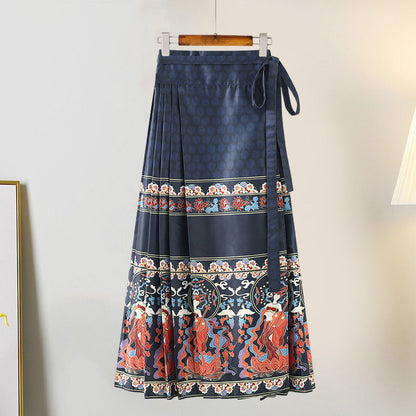 Vintage Fish Embroideried Sweater High Waist Pleated Skirt