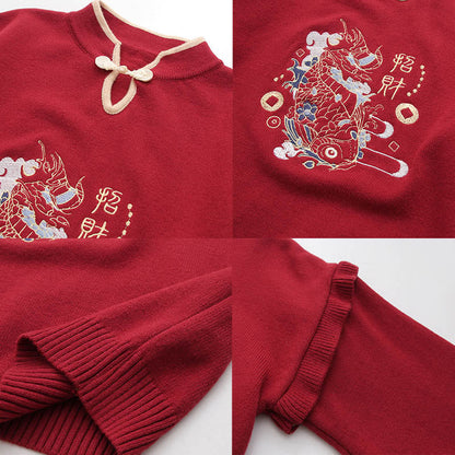 Vintage Fish Embroideried Sweater High Waist Pleated Skirt