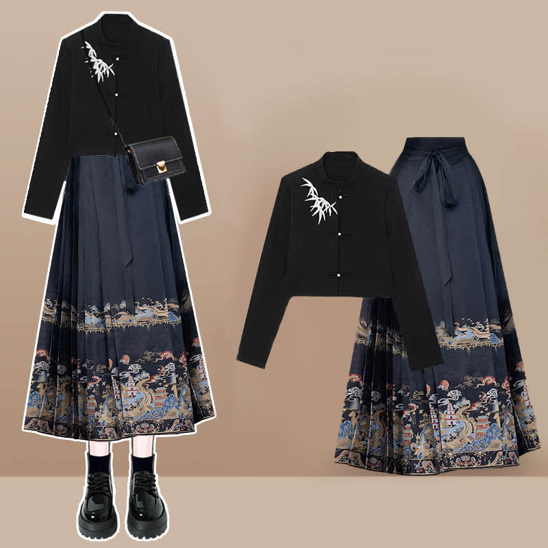 Vintage Buckle Long Sleeve Shirt Embroideried Pleated Skirt