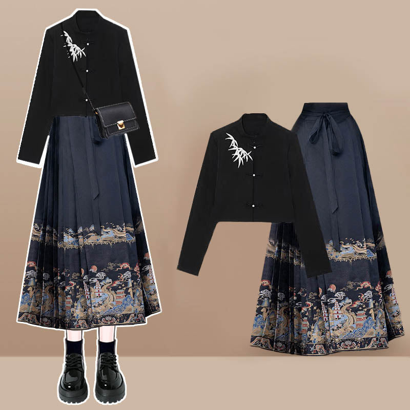 Black Leaves Long Sleeve Shirt Embroideried Pleated Skirt