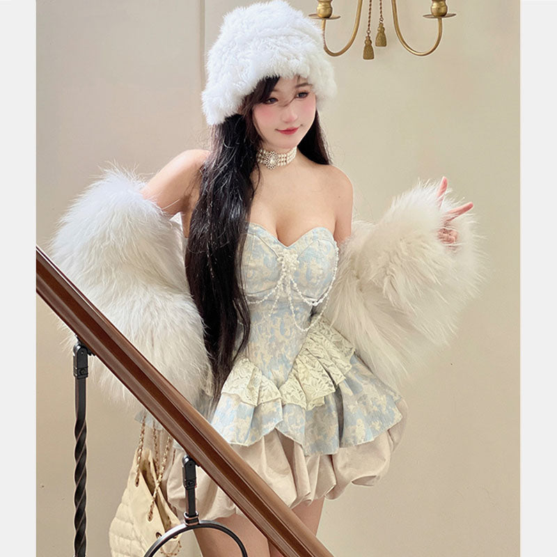 Elegant Princess Off The Shoulder Lace Pearl Deocr Mini Dress