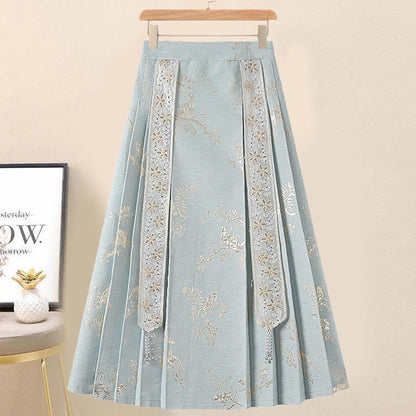 Elegant White Knit Sweater Vintage Embroidery Pleated Skirt