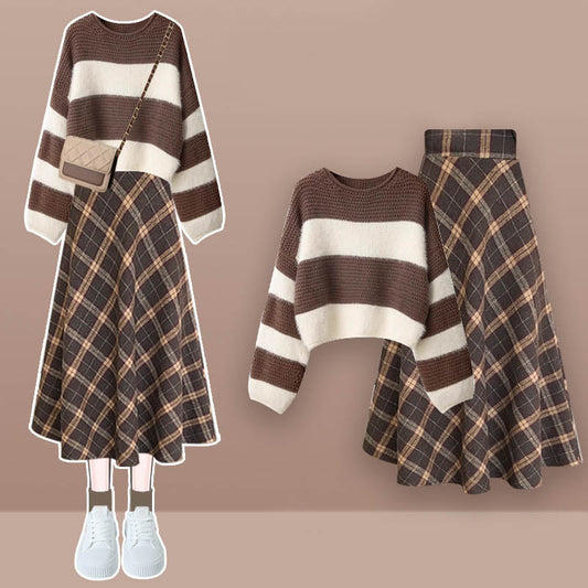 Brown Colorblock Stripe Sweater Plaid Print Skirt