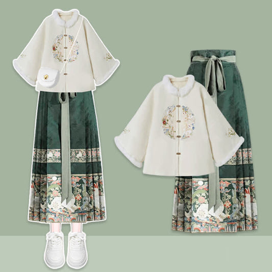 Vintage Embroidery Coat Green High Waist Pleated Skirt