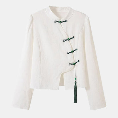 Vintage Buckle Tassel Shirt Green Pleated Skirt