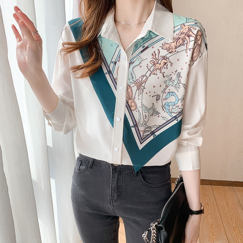 Patchwork Printed Long Sleeve Lapel Shirt