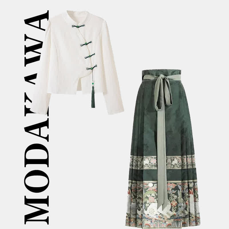 Vintage Buckle Tassel Shirt Green Pleated Skirt