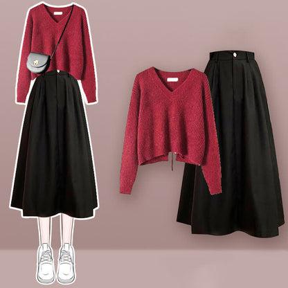 Chic Lace Up Knit Sweater A-line Skirt Set