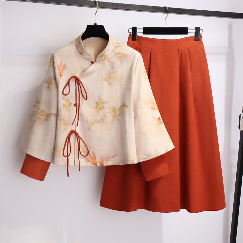 Vintage Bamboo Print Sweatshirt High Waist Pleated Skirt