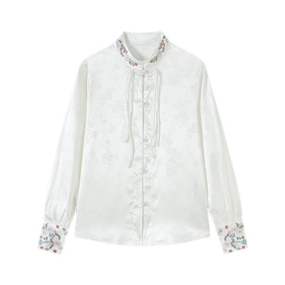 Chic Flower Embroidery Buckle Long Sleeve Shirt