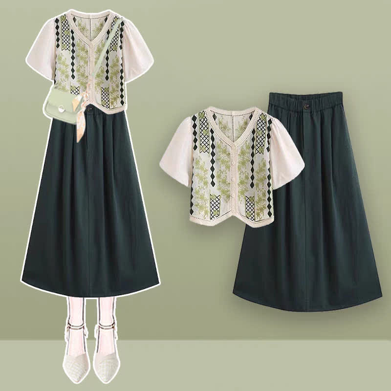 Green Graphic Embroidery Puff Sleeve T-Shirt High Waist Skirt