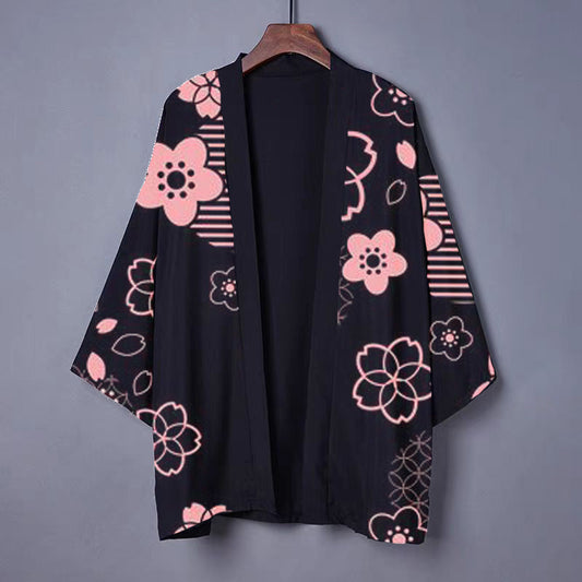 Vintage Rosa Blumendruck Cardigan Kimono Oberbekleidung