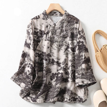 Retro Ink Print Stand Collar Shirt