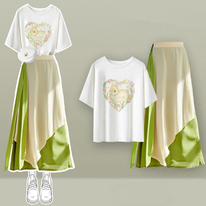 Cartoon Green Letter Print T-Shirt Chiffon Wide-Leg Pants