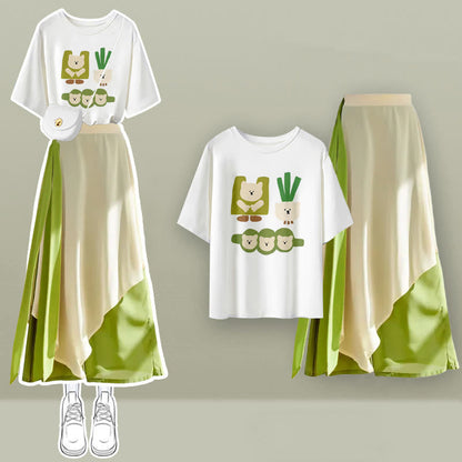 Cartoon Green Letter Print T-Shirt Chiffon Wide-Leg Pants