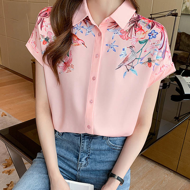 Pink Flowers Print Short Sleeve Shirt