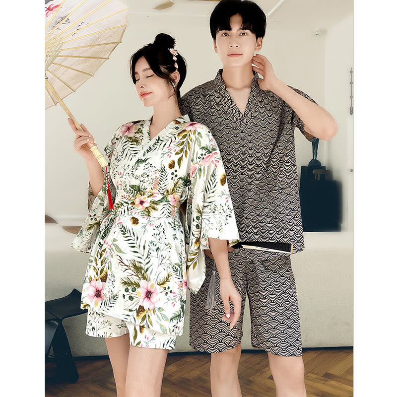 Kawaii Cotton Flowers Print Couple Outfit Pajamas 