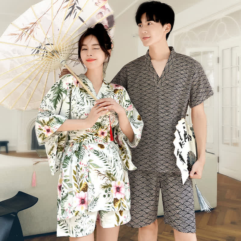 Kawaii Cotton Flowers Print Couple Outfit Pajamas 