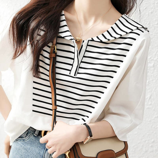 Navy Collar Striped White Top Shirt