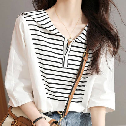 Navy Collar Striped White Top Shirt