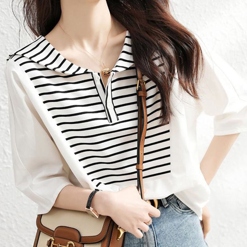 Navy Collar Striped White Top Shirt