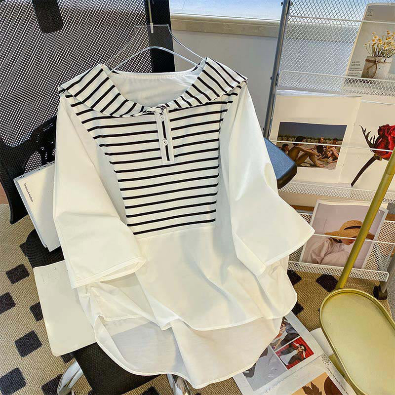 Navy Collar Striped White Top Shirt