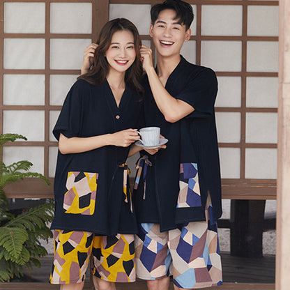 Couple Vintage Print T-Shirt Shorts Cardigan Pajamas Set