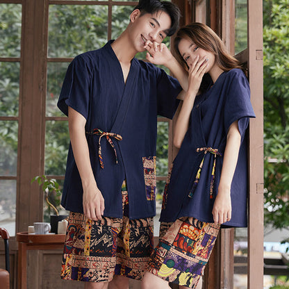 Couple Vintage Print T-Shirt Shorts Cardigan Pajamas Set