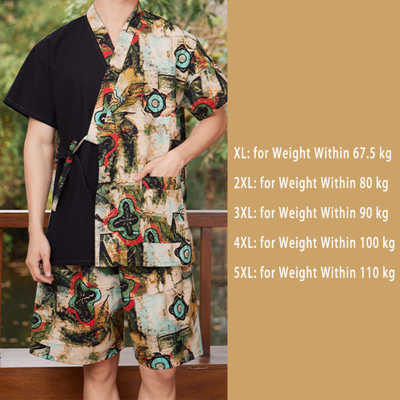 Couple Vintage Print T-Shirt Shorts Cardigan Pajamas Set