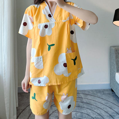 Cute Flowers Print V-Neck T-Shirt Shorts Pajamas Set