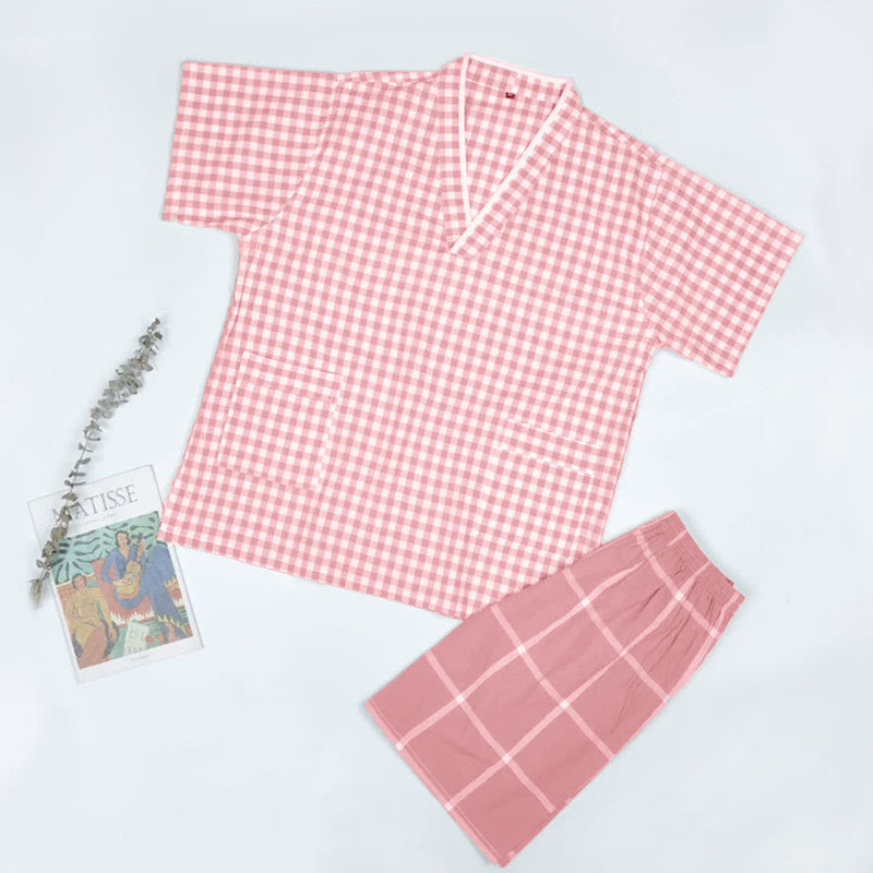 Chic Lattice Print T-Shirt Shorts Pajamas Set