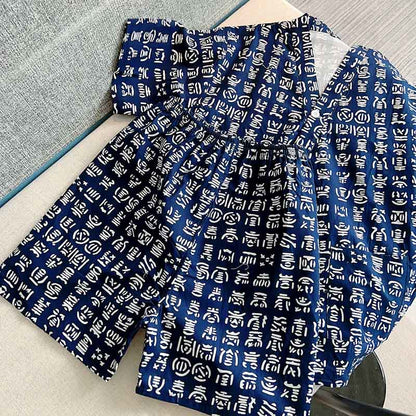 Cotton Blue Letter Print Shorts Pajamas Set