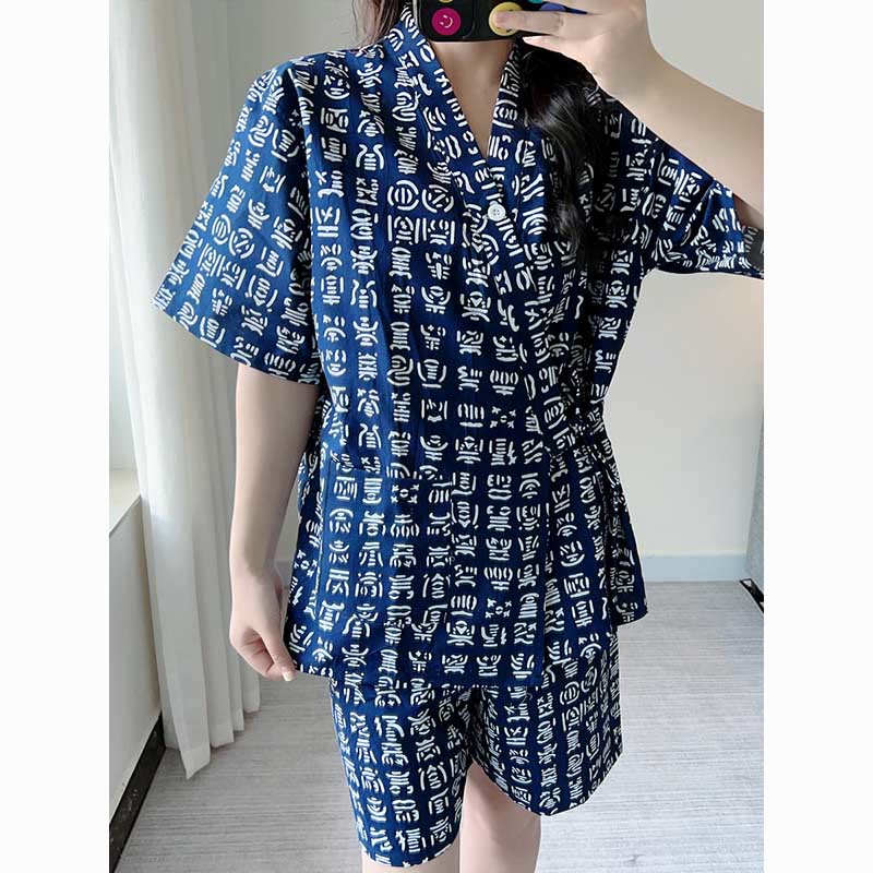 Cotton Blue Letter Print Shorts Pajamas Set