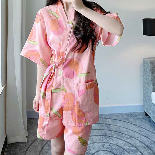 Pink Peach Print Kimono Pajamas Set