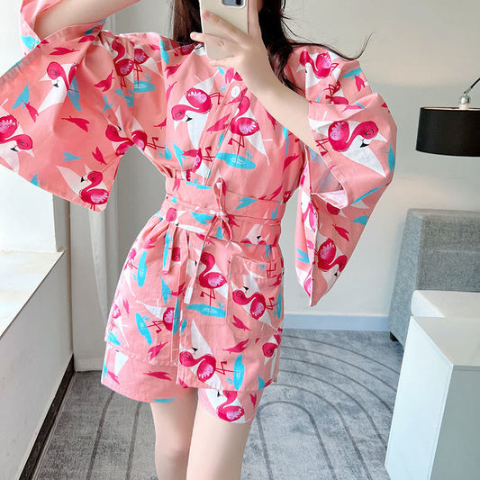 Ensemble pyjama kimono en coton à imprimé flamant rose