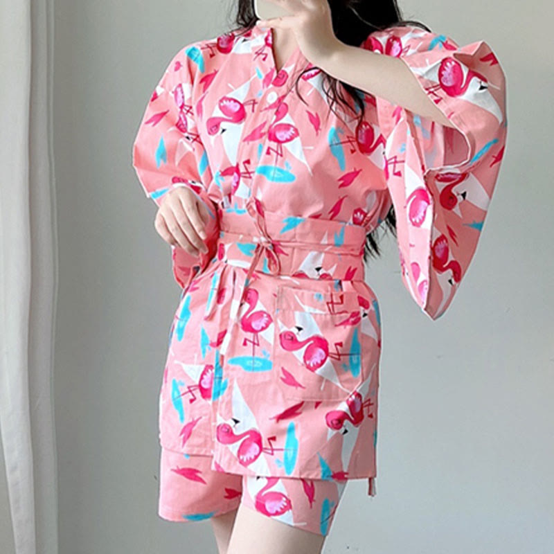 Cotton Flamingo Print Kimono Pajamas Set